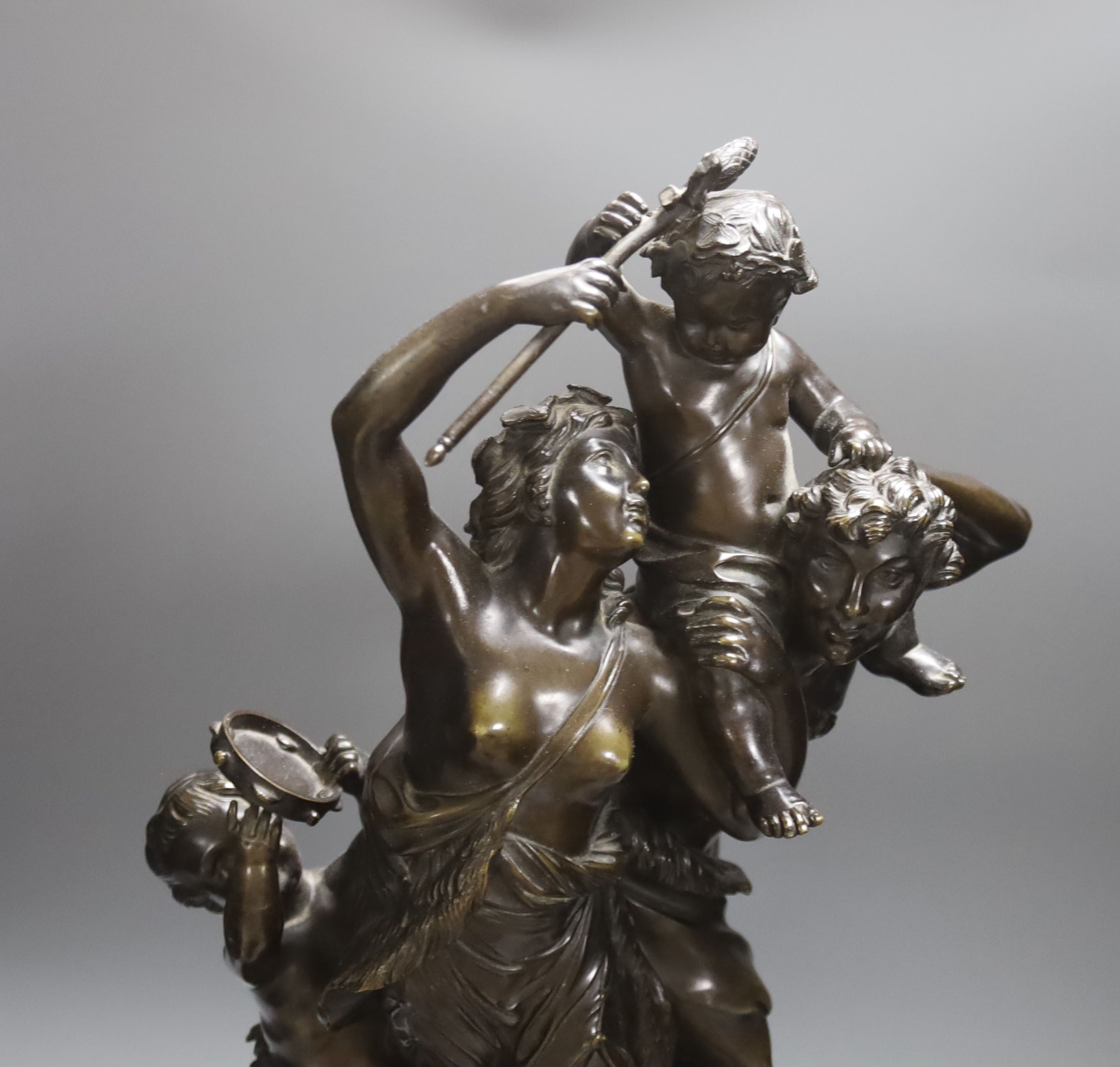 A large 19th century bronze and marble figural mantle clock, Gautier editeur foundry mark 64cm. Key and pendulum
